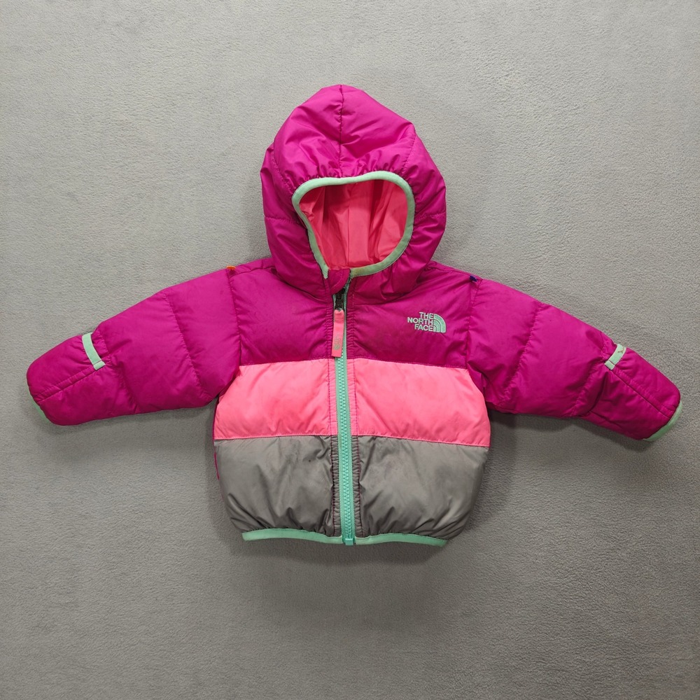 The North Face Baby 550 Down Puffer Jacket Infant 3-6M Pink Gray Reversible